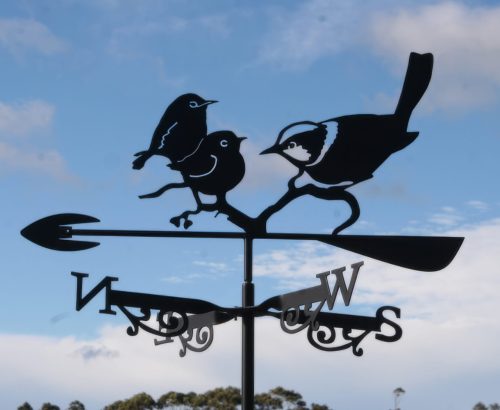 Australian blue wren weathervane of an adult bird and 2 chicks.